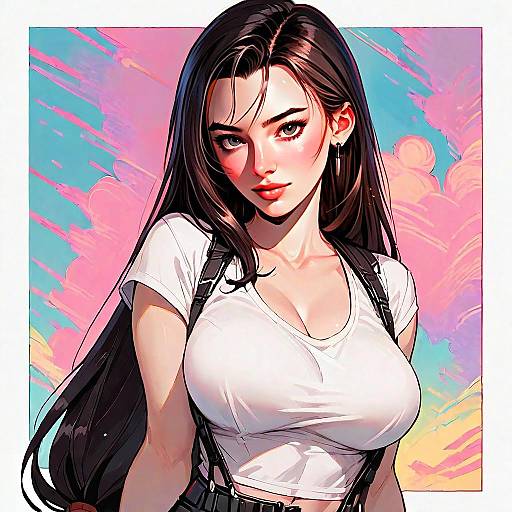 Anime Style Portrait of Woman in White Crop Top with Pastel Sky Background