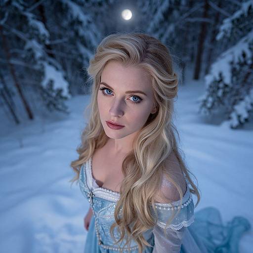 Blonde Woman in Blue Vintage Dress in Moonlit Snowy Forest