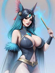 Fantasy Woman Mage with Blue Hair and Magic Staff Digital Artwork
