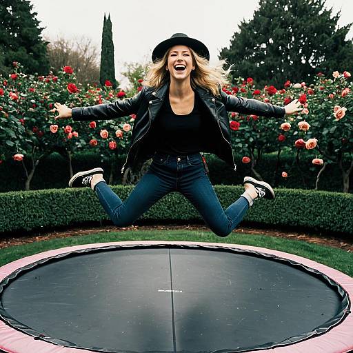 Joyful Young Woman Jumping on Trampoline in Rose Garden