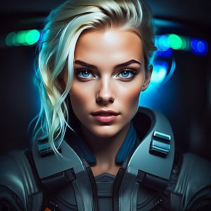 Futuristic Woman in Space Suit with Blue Eyes
