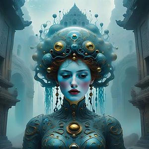 Surreal Woman in Futuristic Headdress and Armor
