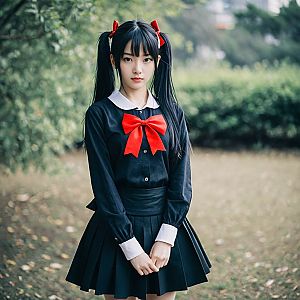 Young Woman in Dark School Uniform with Red Bow Tie
