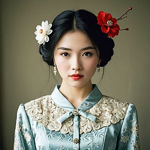 Vintage Woman in Pale Blue Dress with Floral Accessories