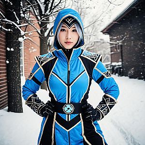 Woman in Blue Fantasy Cosplay Costume Standing in Snowy Scene