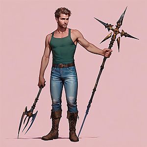 Confident Young Man with Fantasy Polearms