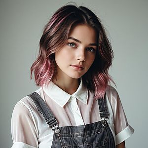 Young Woman in Denim Overalls with Pink Highlights