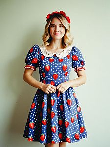 Woman in Vintage Blue Strawberry Polka Dot Dress with Peter Pan Collar