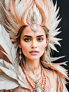 Woman in Elaborate Feathered Headpiece and Costume