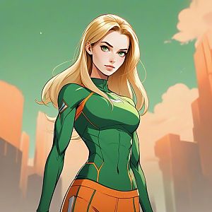 Confident Woman in Futuristic Suit with Urban Skyline
