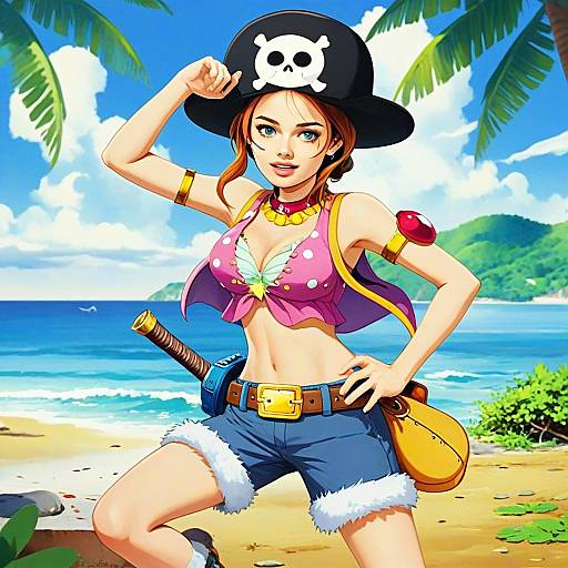 Anime Style Young Woman Pirate on Tropical Beach Digital Art