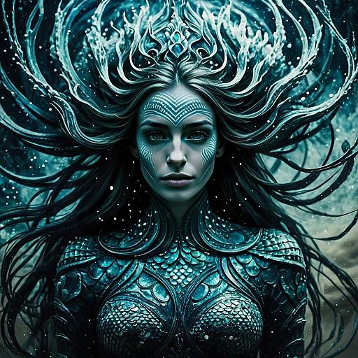 Fantasy Digital Art of Woman in Aquatic Armor with Tribal Patterns