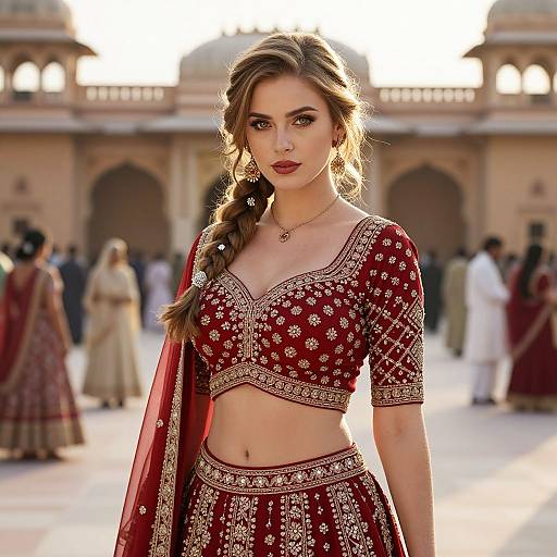 Elegant Woman Wearing Red Embroidered Indian Lehenga in Historic Courtyard