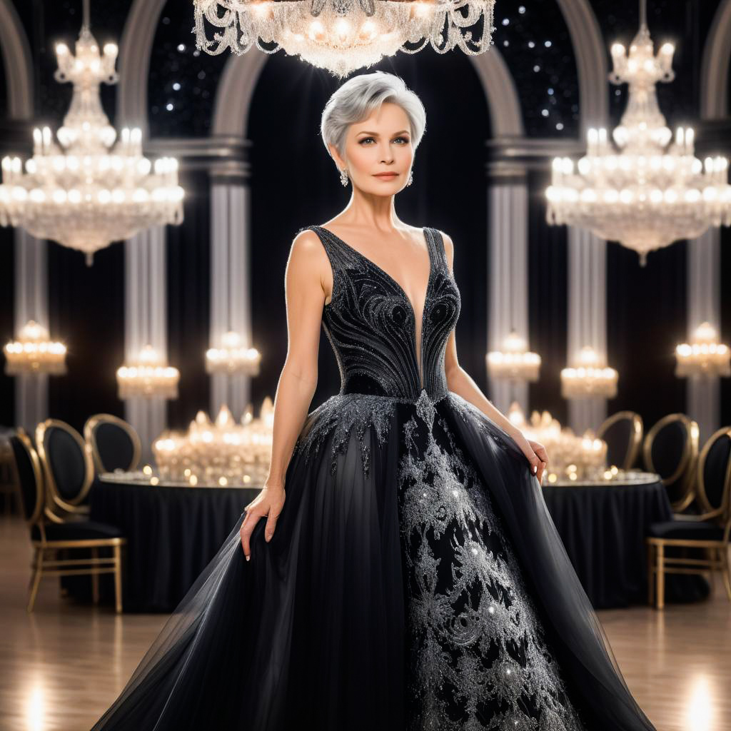 Elegant Woman in Black Gown in Luxurious Ballroom