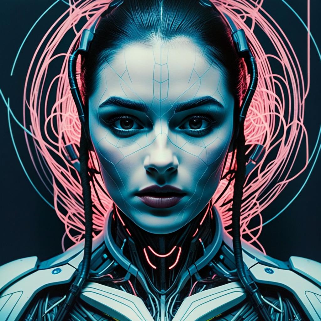 Futuristic Cybernetic Woman with Neon Cables and Robotic Enhancements