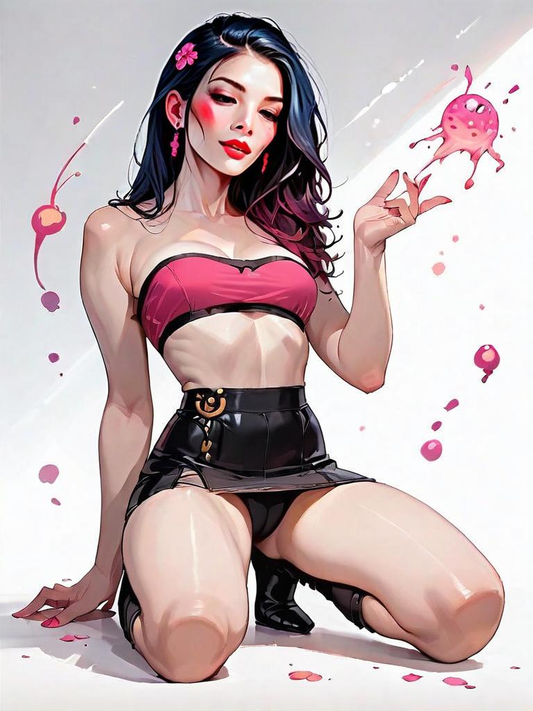 Realistic Comic Style Illustration of Woman in Pink Top and Black Mini Skirt Kneeling
