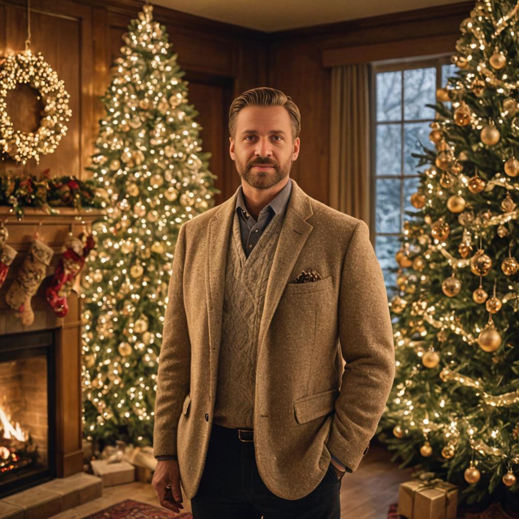 Well-dressed man by Christmas tree and fireplace