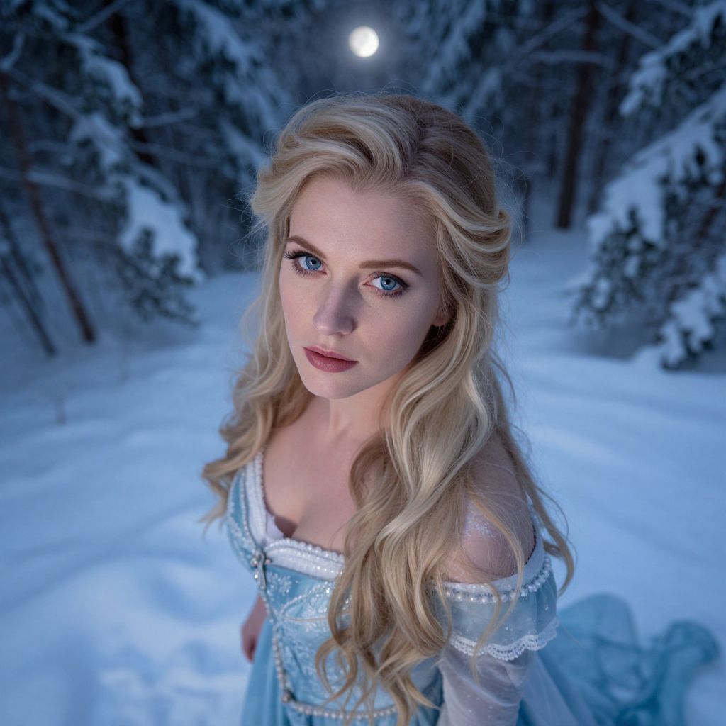 Blonde Woman in Blue Vintage Dress in Moonlit Snowy Forest