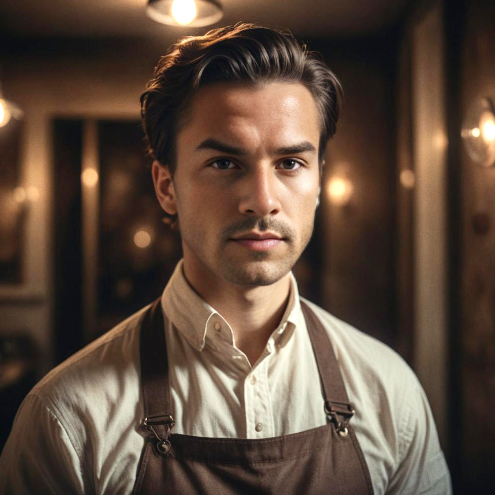 Young Man in Apron in Warm Creative Space