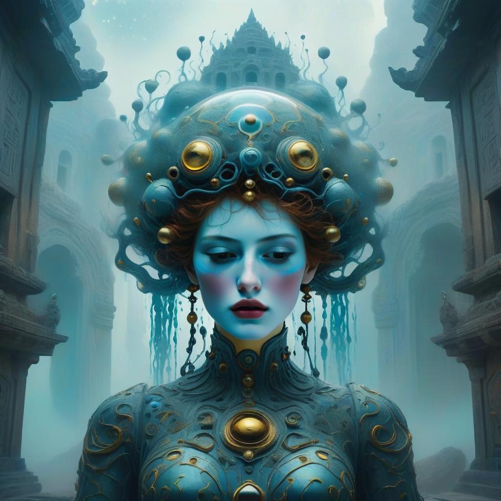Surreal Woman in Futuristic Headdress and Armor