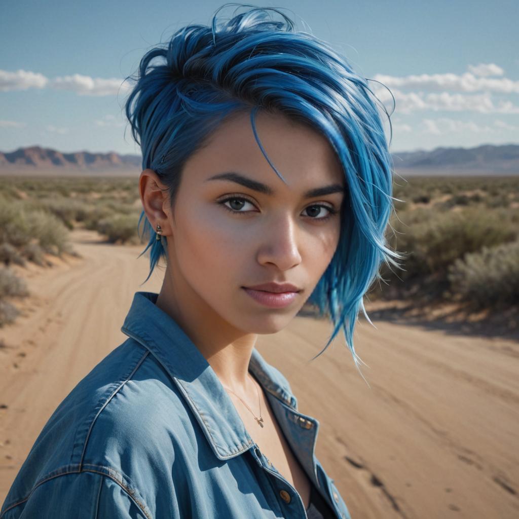 Portrait of a Teenage Girl with Blue Hair in Desert