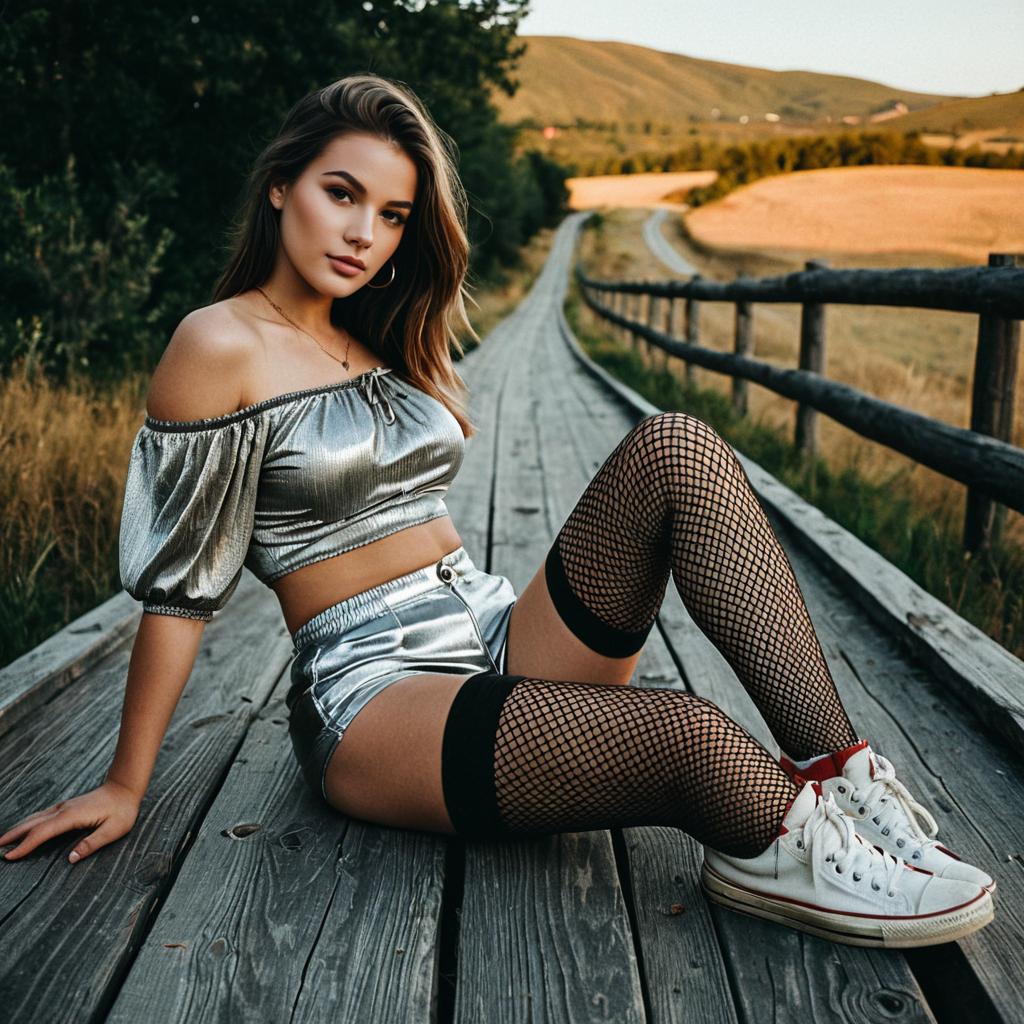 Young Woman in Metallic Outfit Sitting on Wooden Pathway in Nature