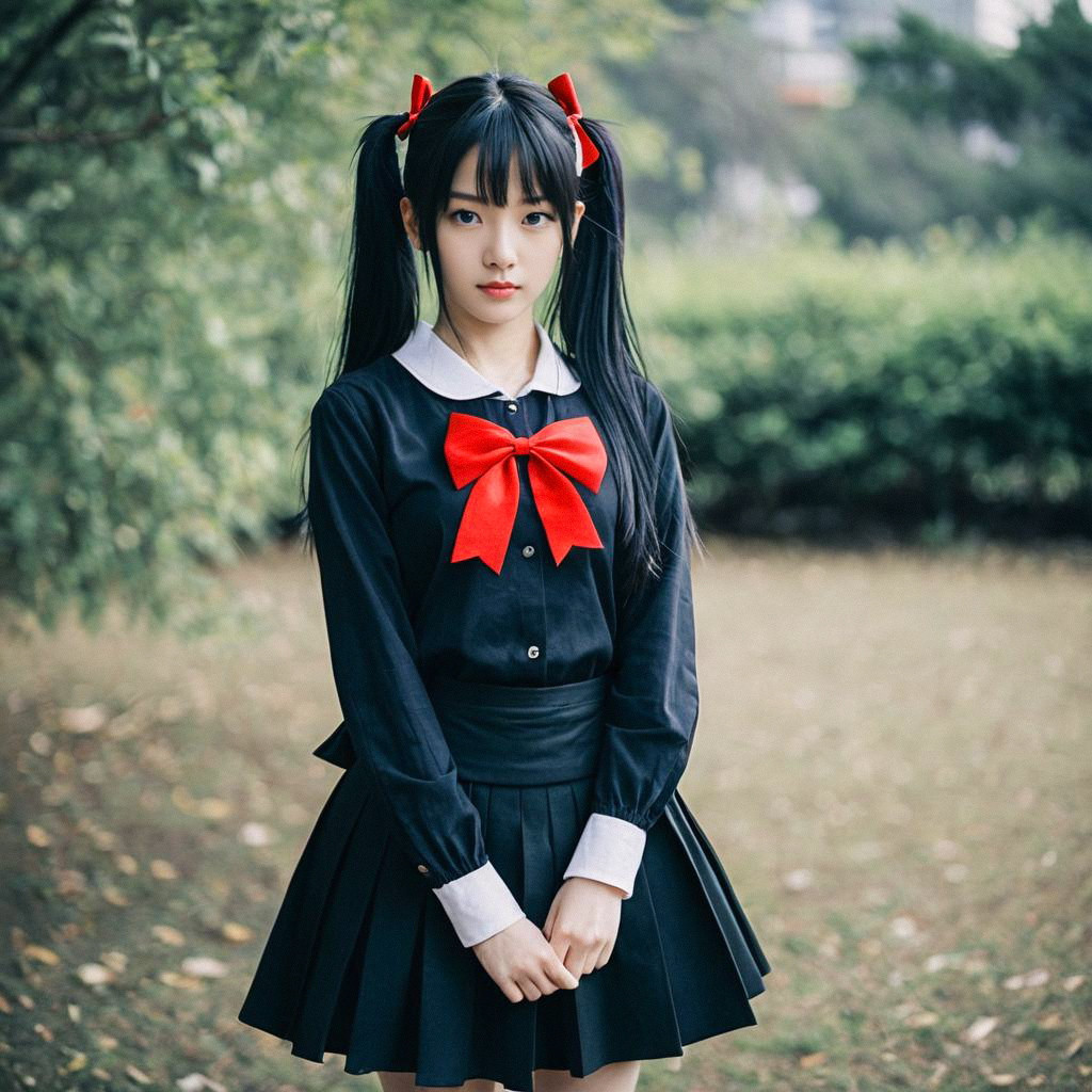 Young Woman in Dark School Uniform with Red Bow Tie Young Woman in Dark School Uniform with Red Bow Tie