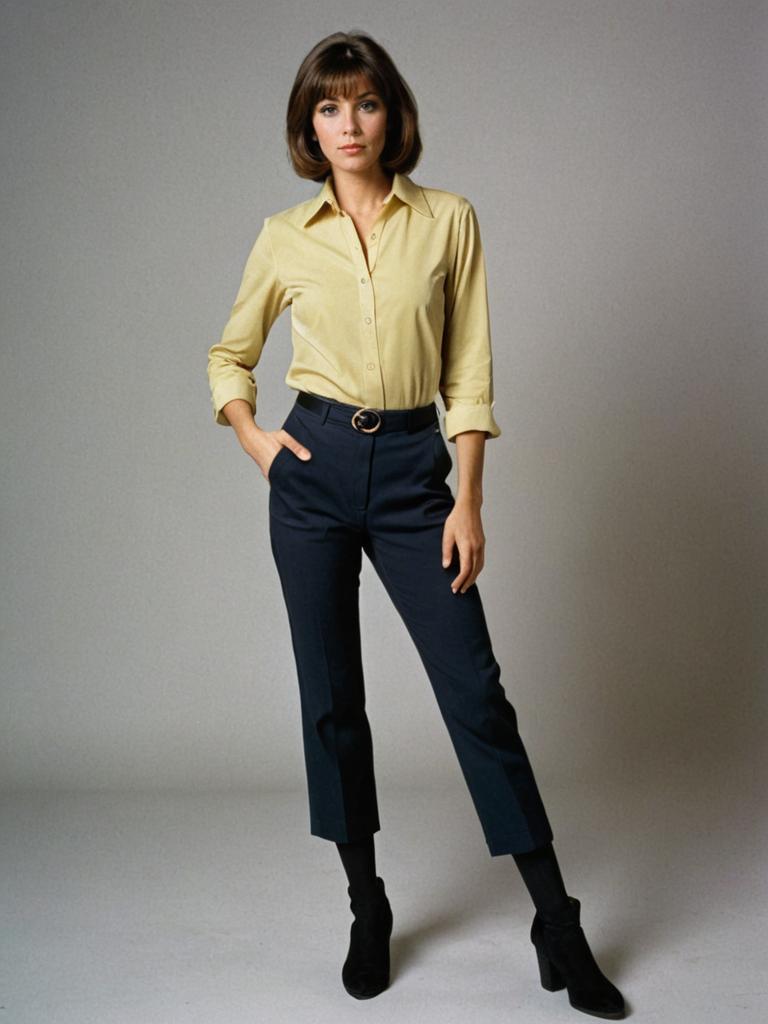 Stylish Woman in Yellow Shirt and Dark Trousers