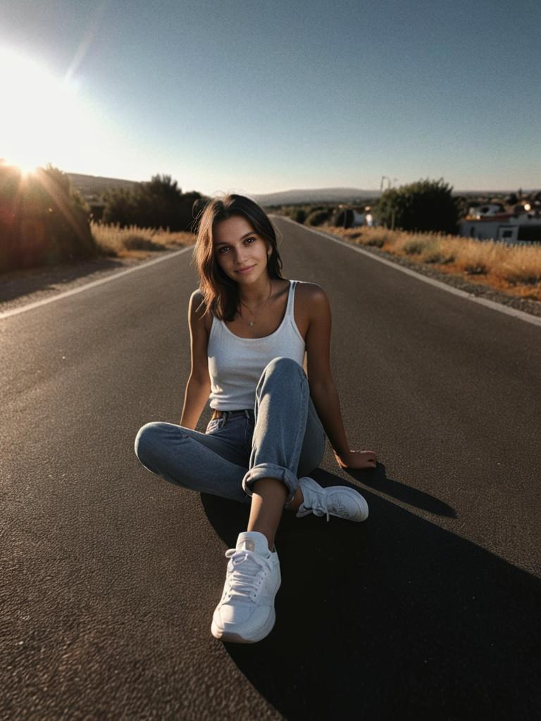 Young woman in casual summer attire on sunlit road