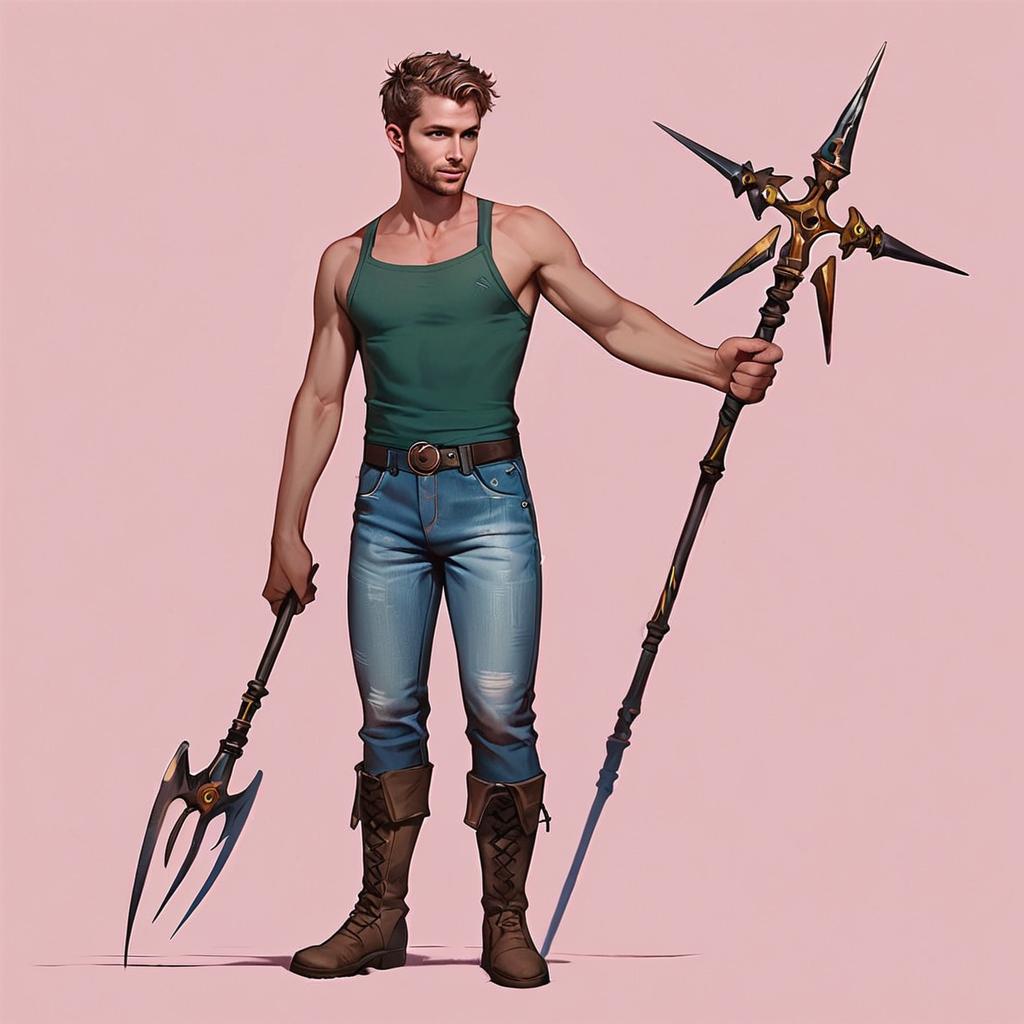 Confident Young Man with Fantasy Polearms Confident Young Man with Fantasy Polearms