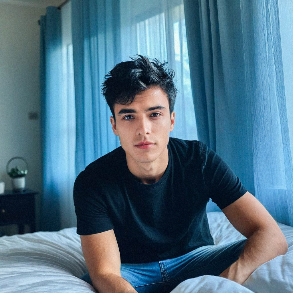 Thoughtful Young Man on Bed with Blue Curtains