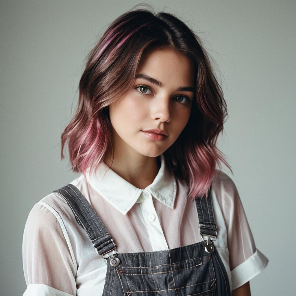 Young Woman in Denim Overalls with Pink Highlights
