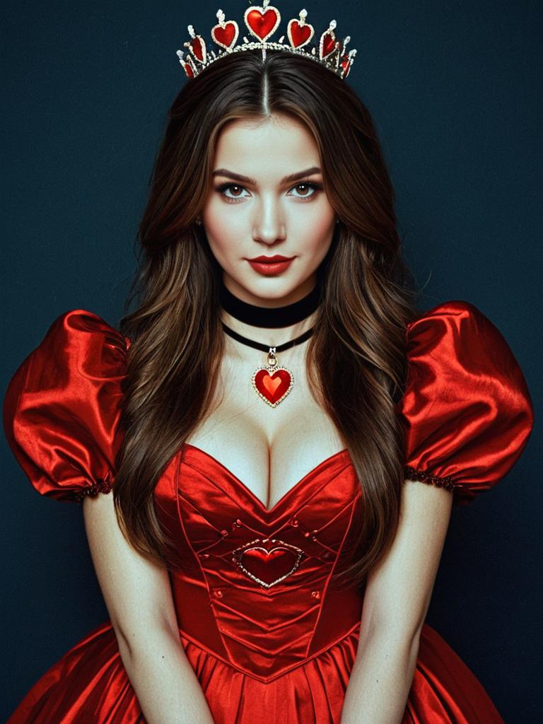 Woman in Red Heart Queen Costume with Crown and Pendant Necklace