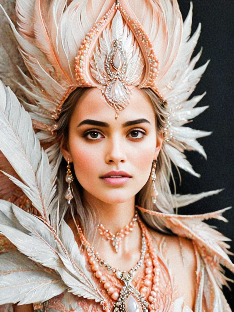 Woman in Elaborate Feathered Headpiece and Costume Woman in Elaborate Feathered Headpiece and Costume