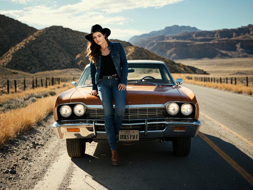 Stylish Woman with Classic Car on Scenic Mountain Road