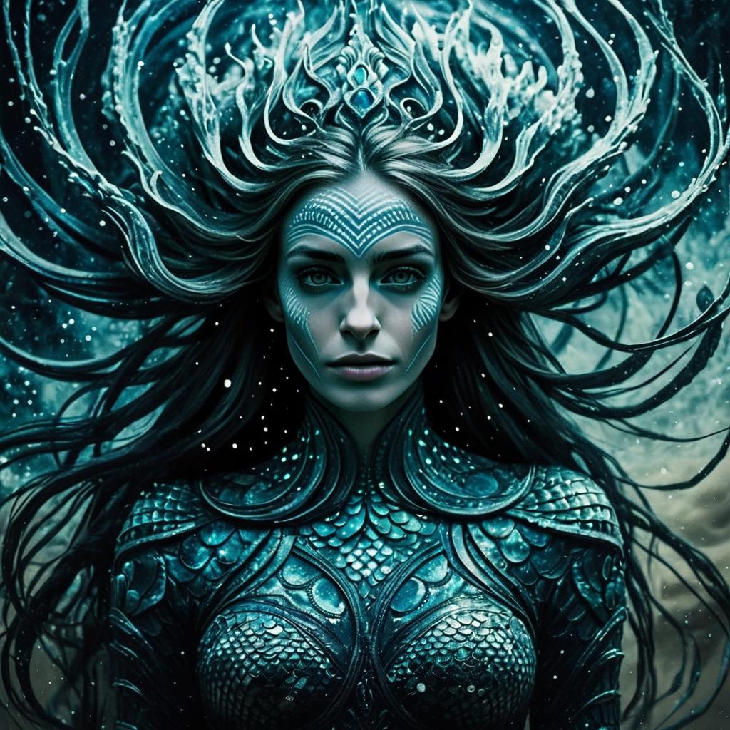 Fantasy Digital Art of Woman in Aquatic Armor with Tribal Patterns