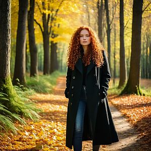 Confident Woman in Autumn Forest with Red Hair
