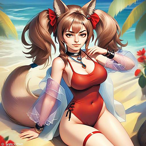 Anime Woman with Animal Ears in Red Swimsuit on Summer Beach