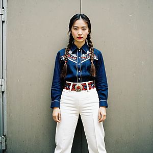 Confident Woman in Traditional Embroidered Shirt and High-Waisted Trousers