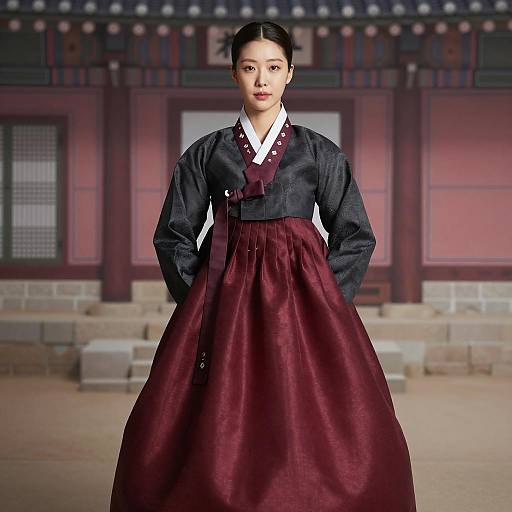 Young Woman in Traditional Korean Hanbok Dress in Historic Setting