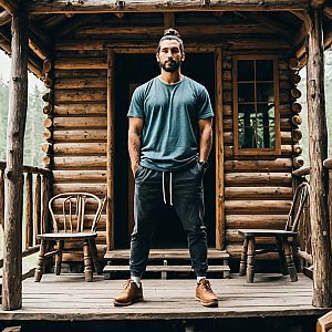 Confident Bearded Man on Rustic Cabin Porch