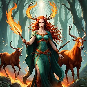 Powerful Woman with Red Hair in Enchanted Forest