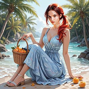 Woman with Red Hair on Tropical Beach
