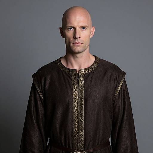 Serious Bald Man in Medieval Brown Tunic with Gold Embroidery