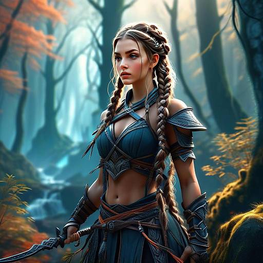 Fantasy Woman Warrior in Mystical Forest with Braided Hair