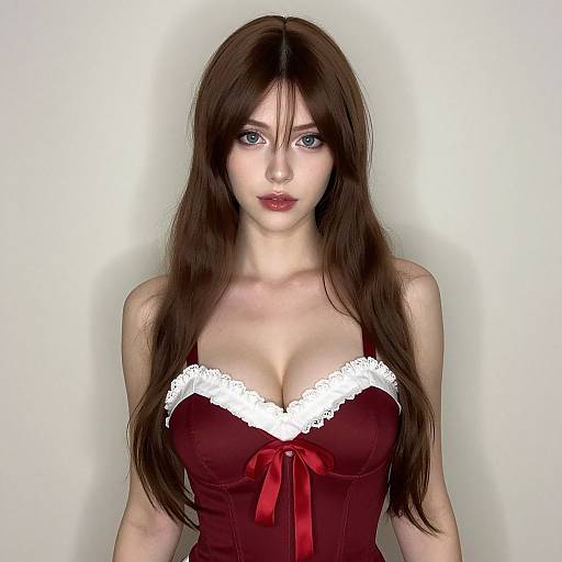 Elegant Young Woman Wearing Burgundy Corset with White Lace Trim
