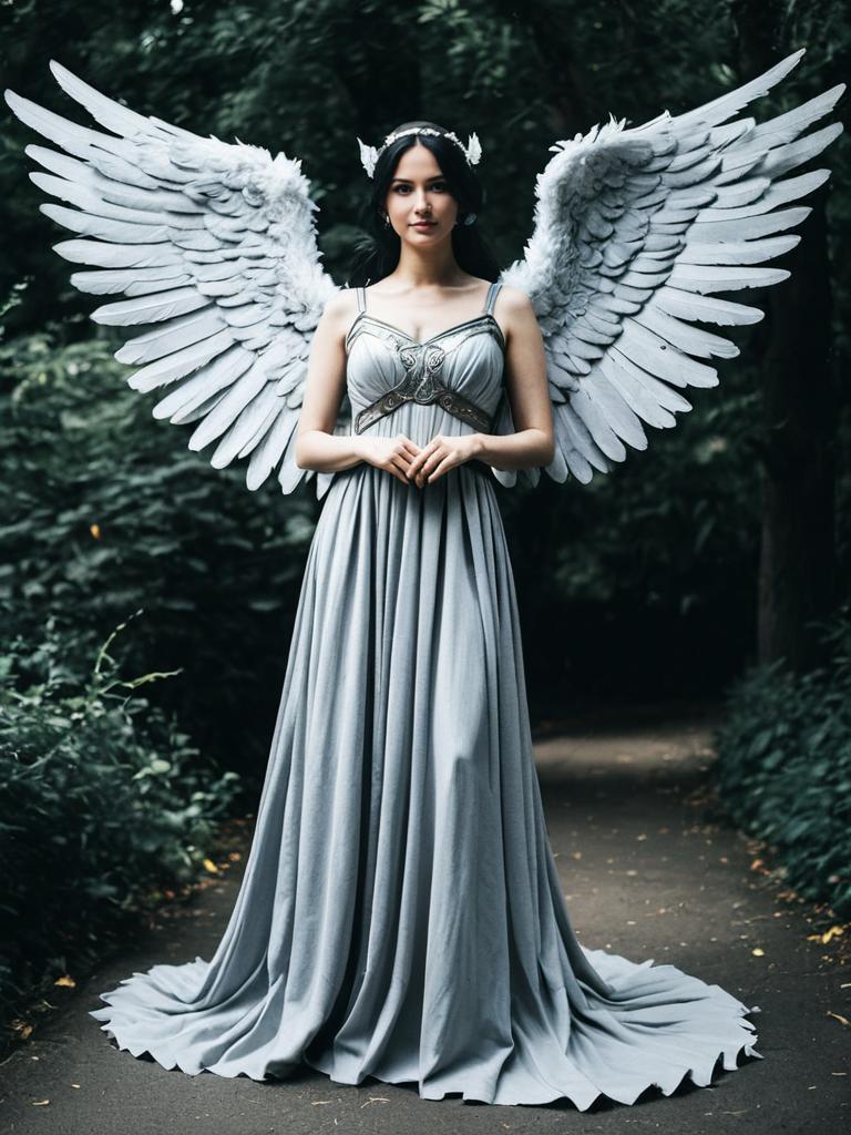 Woman in Grey Angel Wings Costume Full Body Cosplay Photography