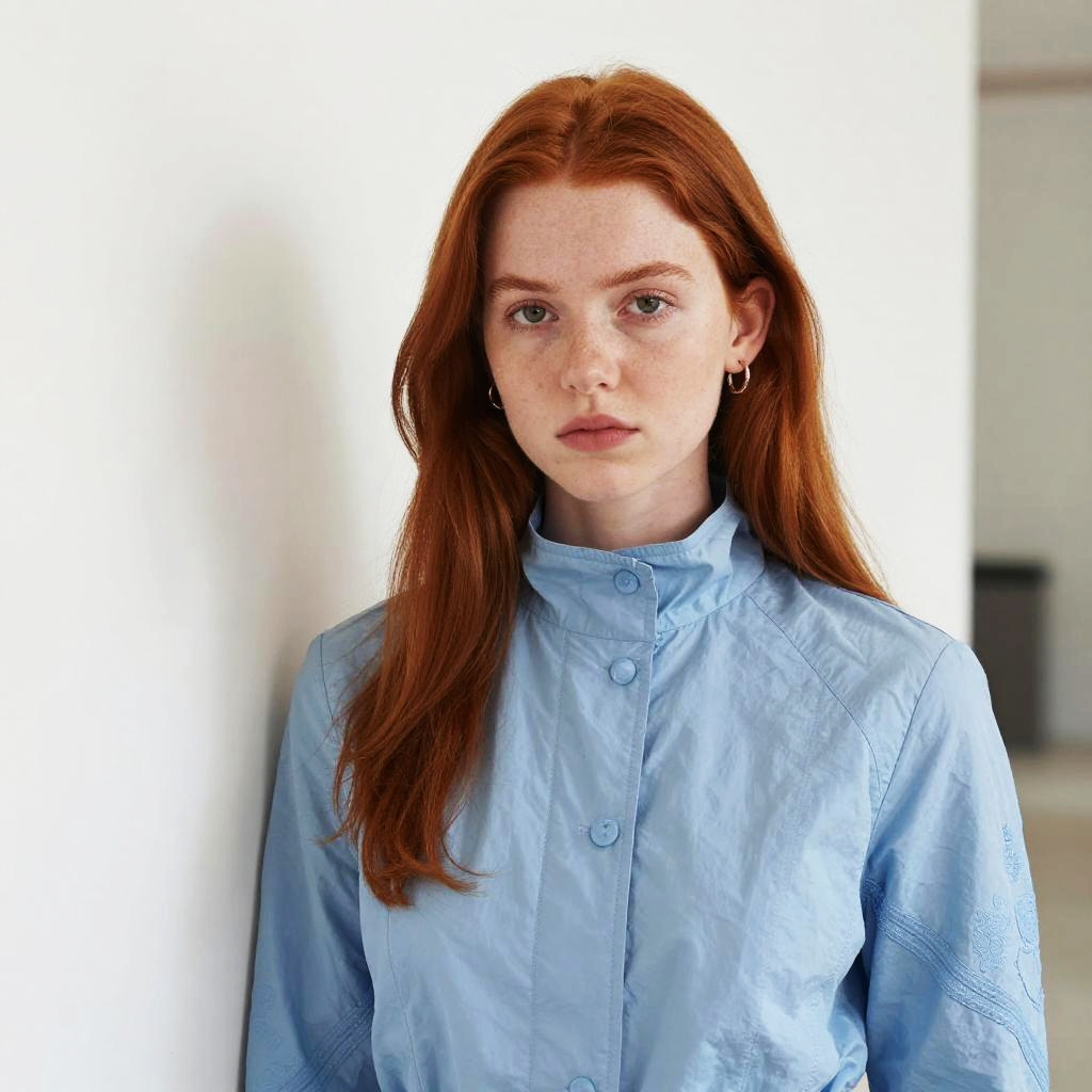 Portrait of a Red-Haired Woman in Light Blue Jacket