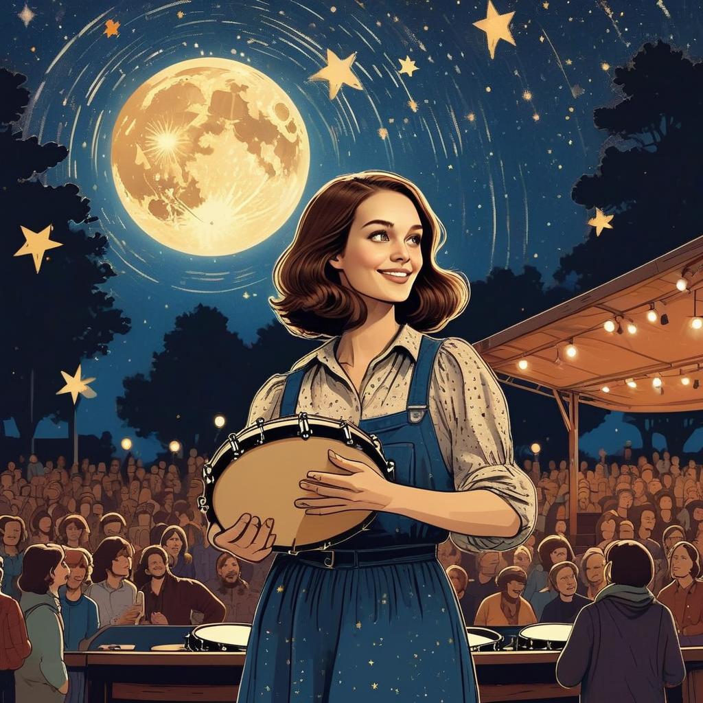 Cheerful Woman with Tambourine on Stage at Night Cheerful Woman with Tambourine on Stage at Night