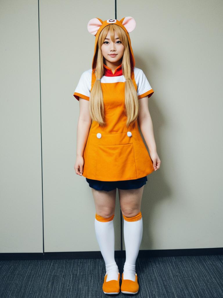 Doma Umaru Cosplay Woman in Orange Hooded Dress and Knee-high Socks
